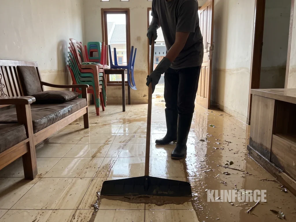 Rumah kebanjiran: orang bersepatu boot menyerok lumpur dari lantai keramik ruang tamu setelah air surut