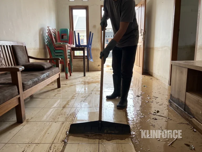 Rumah kebanjiran: orang bersepatu boot menyerok lumpur dari lantai keramik ruang tamu setelah air surut