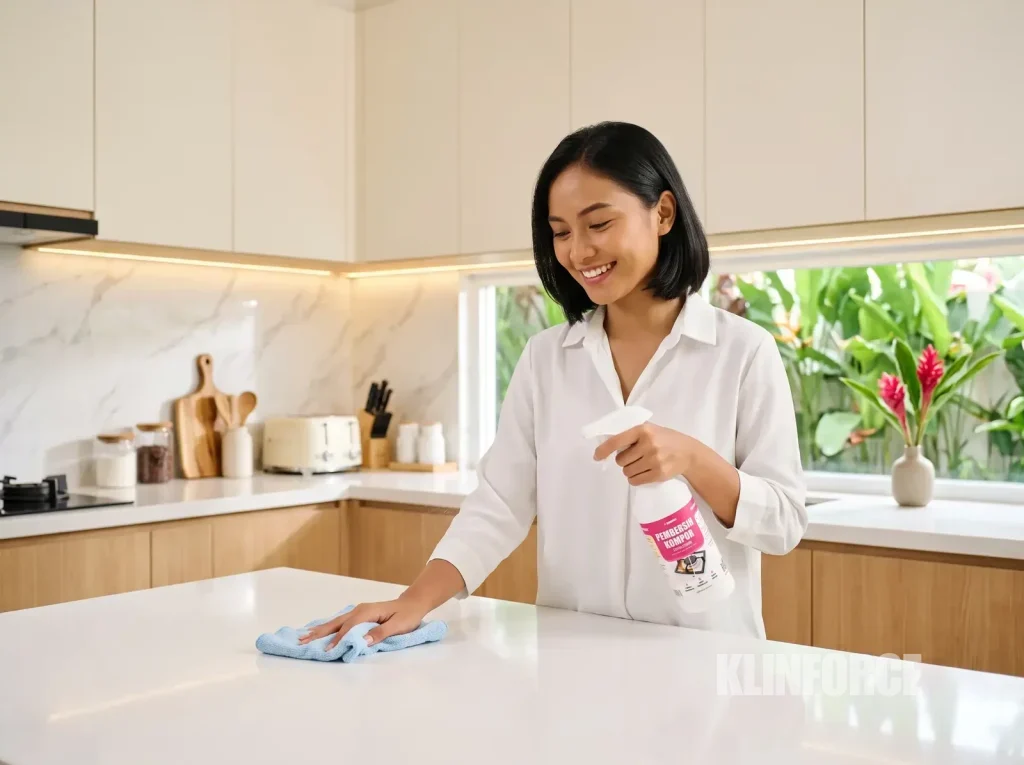 Ibu rumah tangga menyemprot dan mengelap meja dapur yang bersih dan terang