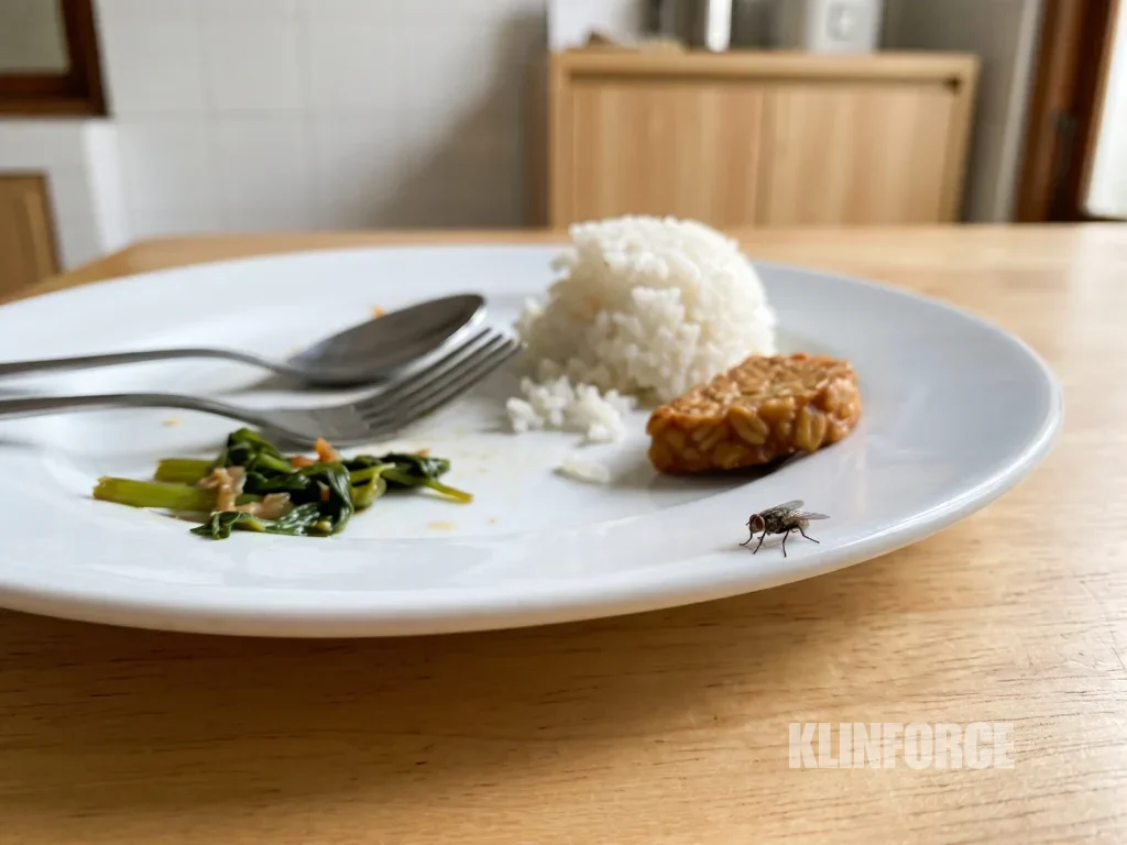 Lalat rumah hinggap di tepi piring berisi sisa makanan di meja dapur