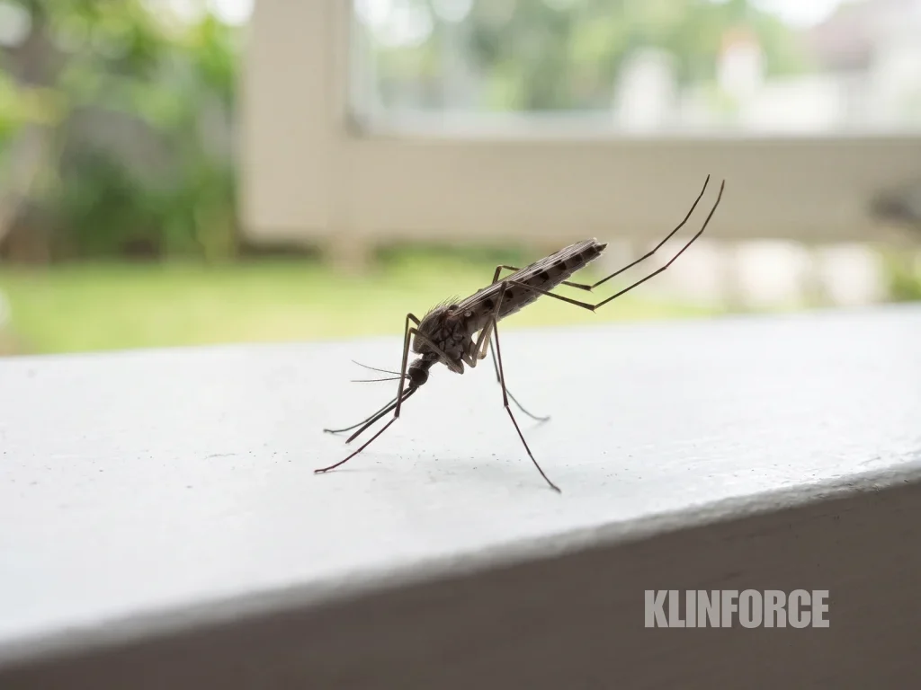 Nyamuk Anopheles hinggap di ambang jendela dengan perut terangkat sehingga tubuhnya tampak menungging, dilihat dari samping