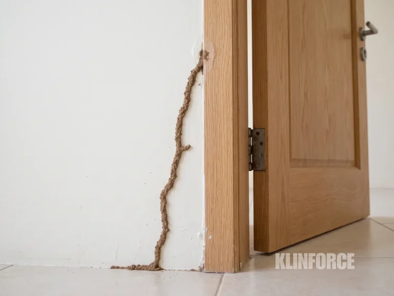 Lorong tanah rayap merambat di dinding menuju kusen pintu kayu