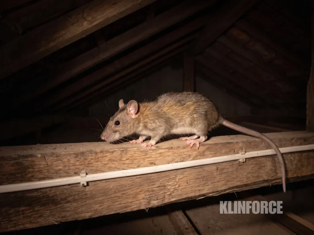 Tikus rumah di balok plafon kayu dekat kabel listrik, malam hari
