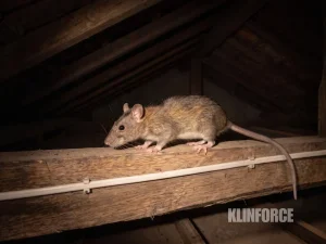 Tikus rumah di balok plafon kayu dekat kabel listrik, malam hari