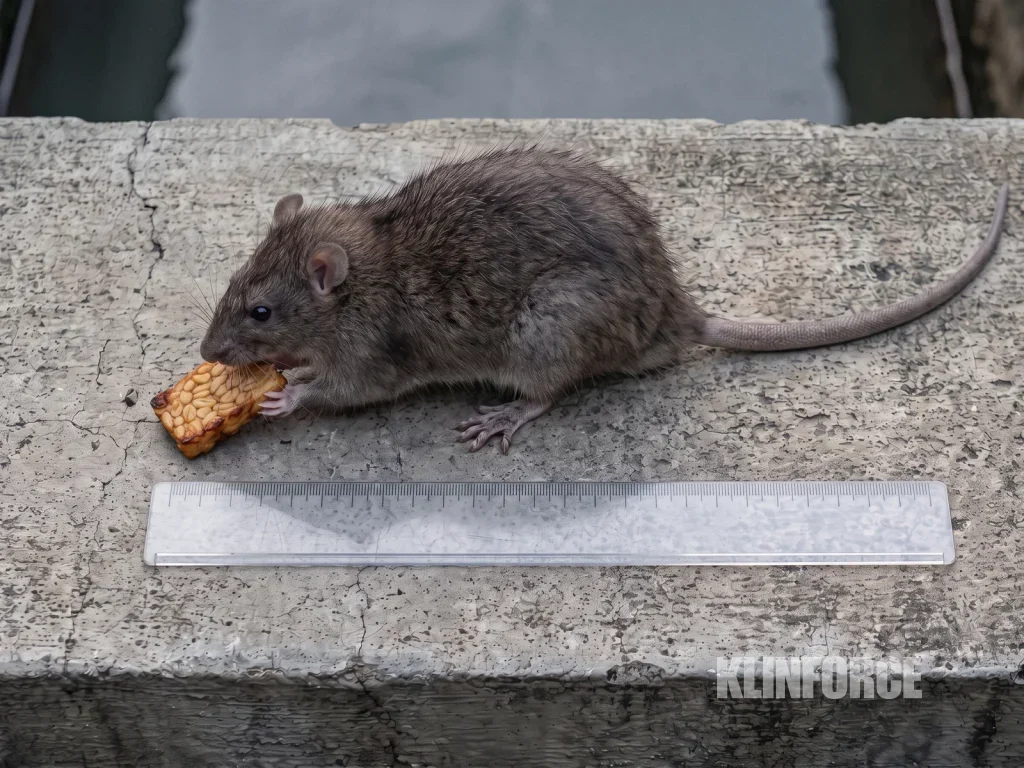 Tikus got bertubuh besar dan gemuk dengan moncong tumpul, punggung cokelat keabuan, berdiri di tepi selokan dekat penggaris
