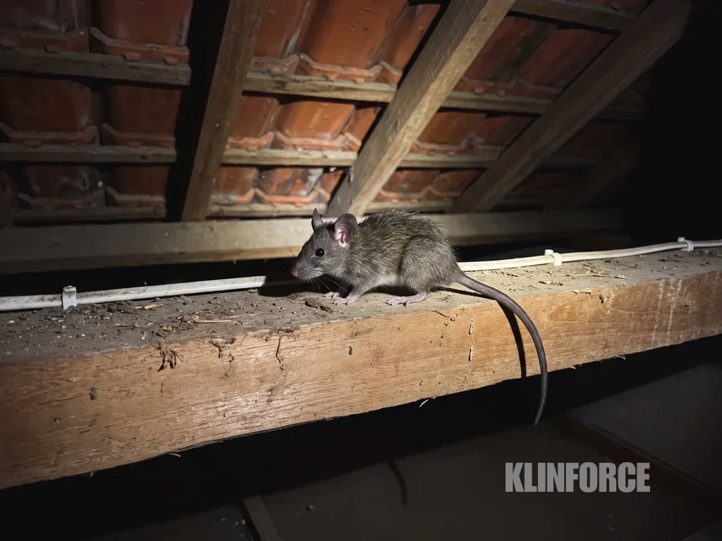 Tikus rumah bermoncong runcing dengan telinga besar dan ekor lebih panjang dari badan, di balok plafon dekat kabel