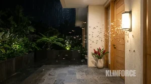 laron mengerumuni lampu teras rumah saat hujan
