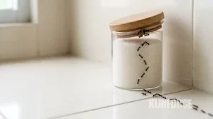 Barisan semut hitam kecil di meja dapur keramik menuju toples gula