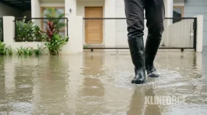 Kaki memakai sepatu boot karet di genangan banjir depan rumah