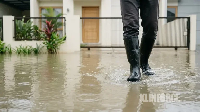Kaki memakai sepatu boot karet di genangan banjir depan rumah
