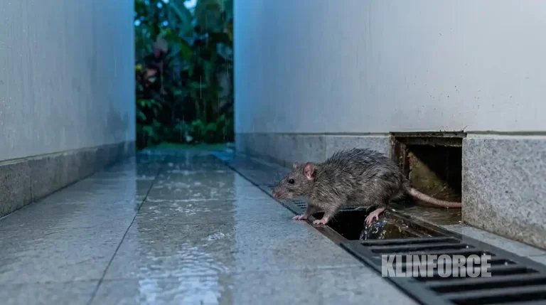 Tikus keluar dari lubang saluran air di samping rumah saat musim hujan