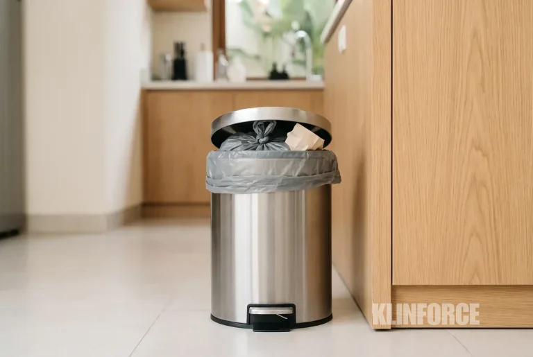 Tempat sampah dapur penuh dengan tutup sedikit terbuka