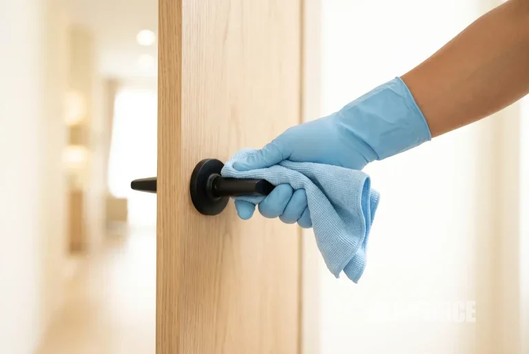 Tangan bersarung tangan mengelap gagang pintu dengan kain mikrofiber