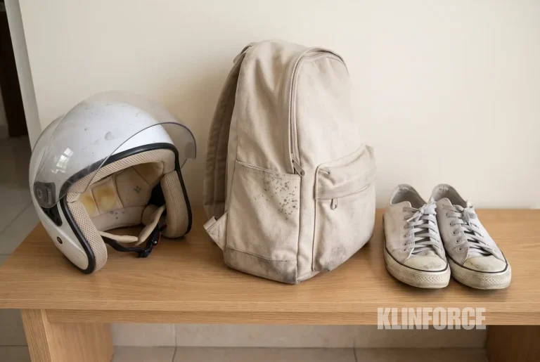 Helm, tas ransel, dan sepatu kets putih yang kotor dengan noda keringat dan bercak jamur