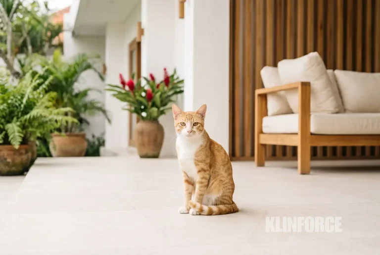 Kucing liar duduk tenang di teras rumah yang bersih