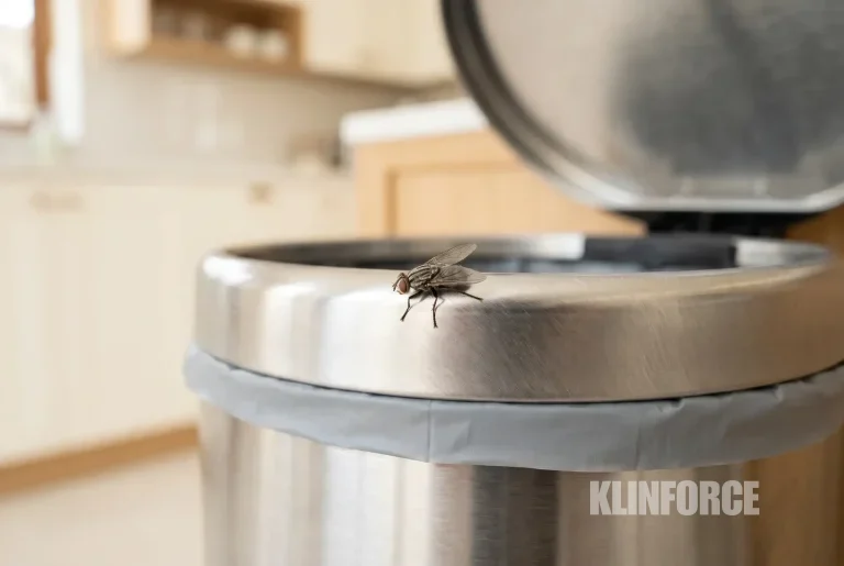 Lalat rumah hinggap di tepi tempat sampah dapur