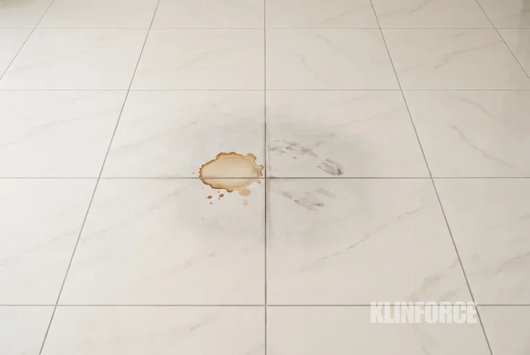 Lantai keramik kusam dengan noda membandel di dekat pintu