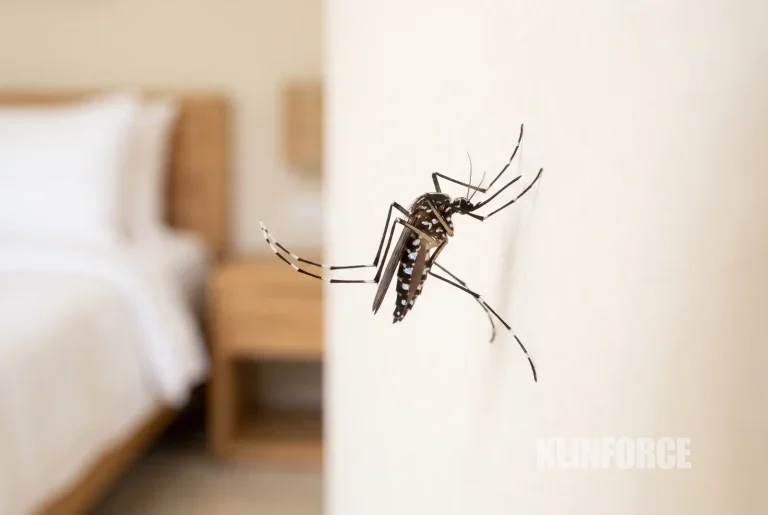 Nyamuk belang hitam putih hinggap di dinding kamar tidur