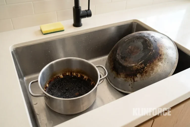 Panci dengan dasar gosong dan kerak di bak cuci piring