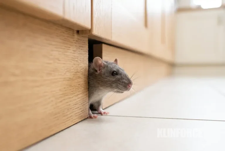 Tikus cokelat keabuan mengintip dari balik lemari dapur